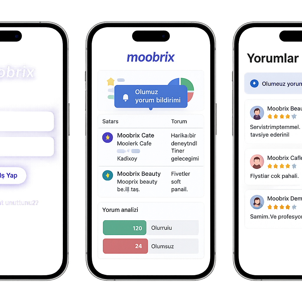 Moobrix – Giriş, Dashboard ve Yorum Analizi ekranları